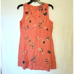 Johnny Was Women's Med Peach Linen Embroidered Dress Birds Butterflies Hearts